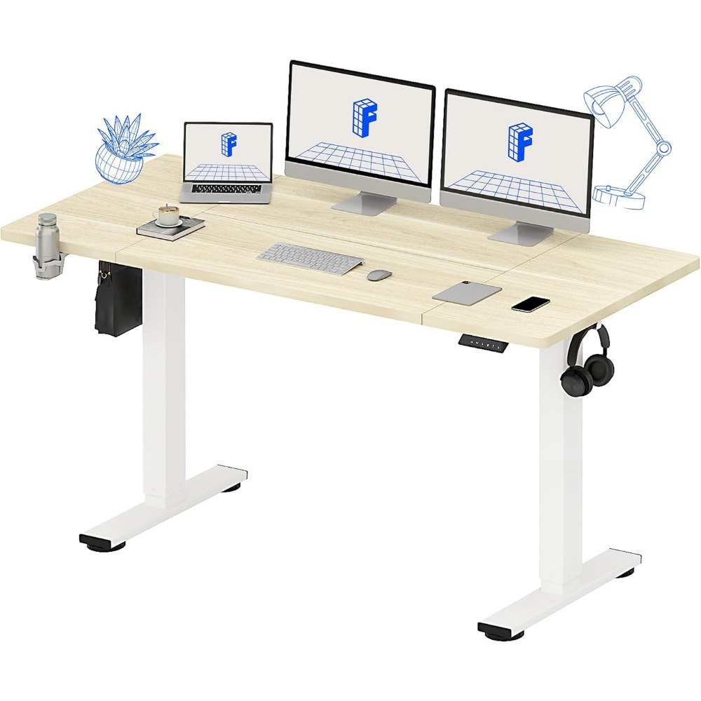 Desk Setup In Office - FLEXISPOT โต๊ะยืนไฟฟ้าขนาด 63x32 นิ้ว ลายไม้สีขาว |