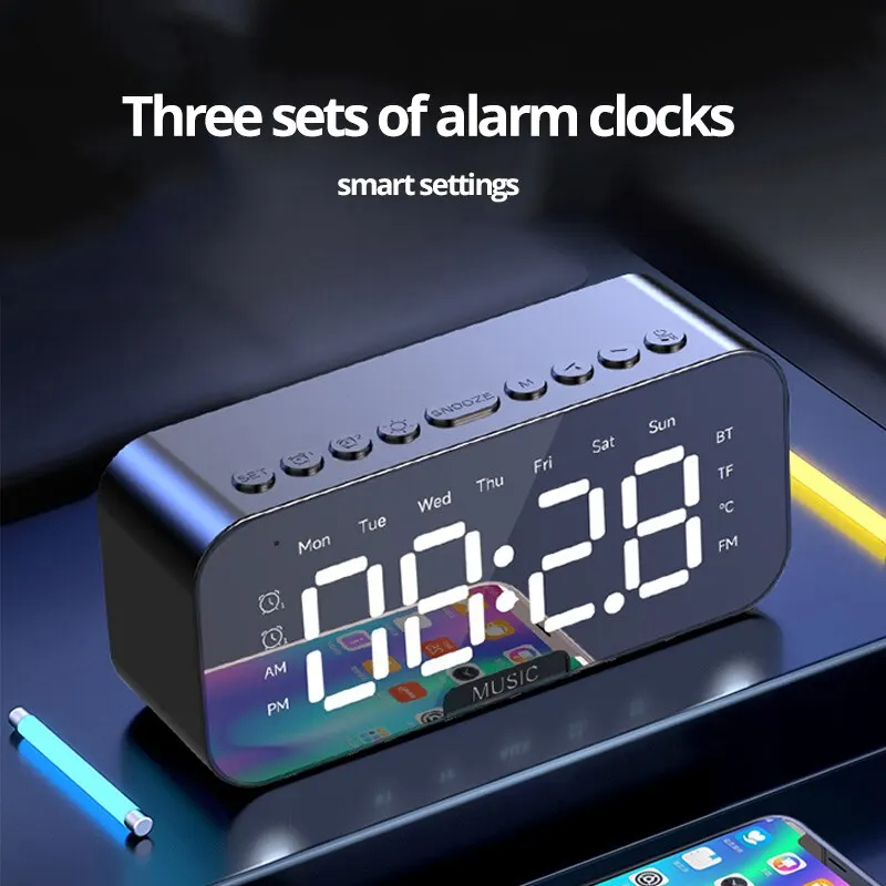 Desk Setup Speakers - 1 ชิ้น LED นาฬิกาปลุกดิจิตอลพร้อม Bluetooth, ลําโพงกระจกห้องนอนตกแต่งสํานักงานตารางหน้าจออุณหภูมิวิทยุ