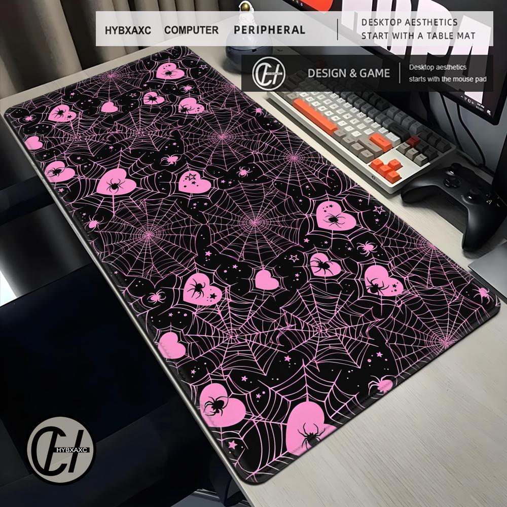 Desk Setup Pink - แผ่นรองเมาส์ลายใยแมงมุมสีขาวหรือชมพู ขนาด 90x40 ซม. ลายหัวใจ พาสเทล