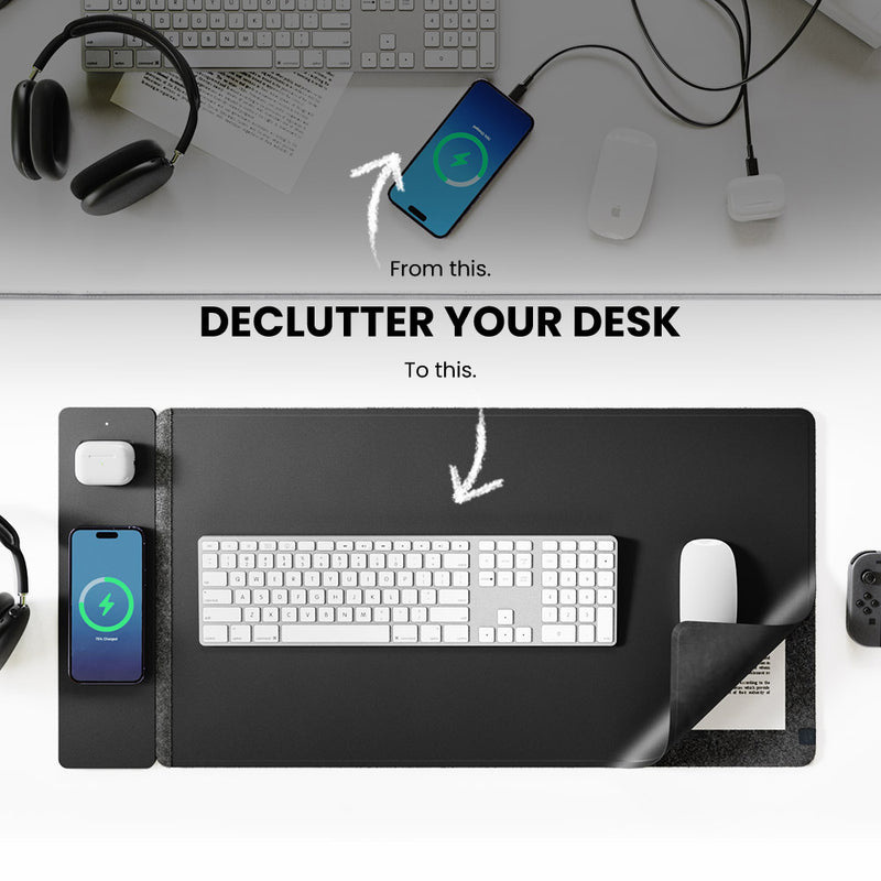 Desk Pad Leather Large - แผ่นรองเมาส์แม่เหล็กไร้สาย 15W ขนาดใหญ่ พร้อมที่จัดระเบียบบนโต๊ะ แผงถอดออกได้ ใช้งานได้สองด้าน