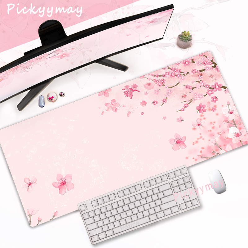 Desk Setup Pink - CIFBUY แผ่นรองเมาส์สำหรับเล่นเกมสีชมพูเชอร์รี่บลอสซั่มขนาดใหญ่แผ่นรองโต๊ะแบบขยายศิลปะซากุระฐานยางกันลื่นอุปกรณ์เสริมคอมพิวเตอร์สำนักงาน