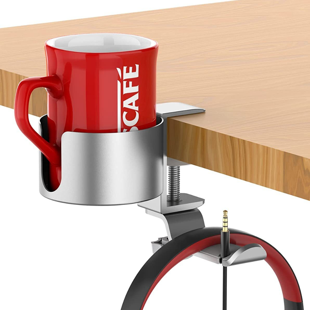 Desk Setup In Office - 360 ° ที่วางหูฟังแบบหมุนได้พร้อมที่วางแก้ว ที่ยึดอะลูมิเนียมแบบหนีบ ไม่ต้องเจาะ สำหรับการติดตั้งบนโต๊ะทำงานเล่นเกม