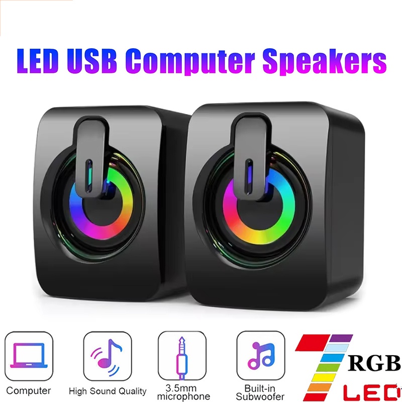 Desk Setup Speakers - ลำโพงคอมพิวเตอร์ไฮไฟสเตอริโอไมโครโฟนเสียงลำโพงพีซีพร้อมสาย Aux ขนาด 3.5 มม. ไฟ