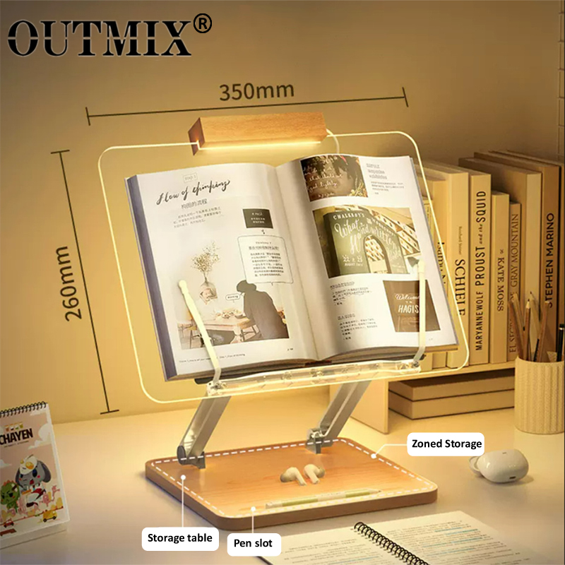 Desk Setup Pink - แท่นอ่านหนังสือไม้พร้อมไฟอะคริลิคใส ที่วางแท็บเล็ตแบบยกได้อเนกประสงค์ ที่วางแล็ปท็อป ชั้นวางหนังสือแบบตั้งโต๊ะ