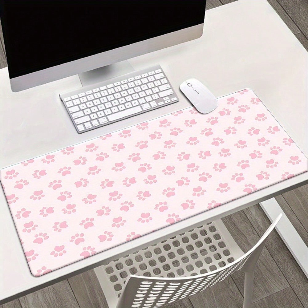 Desk Setup Pink - แผ่นรองโต๊ะพิมพ์ลายอุ้งเท้าสีชมพู, แผ่นรองโต๊ะสี่เหลี่ยมขนาดใหญ่สำหรับสำนักงานและบ้าน, แผ่นรองเมาส์คีย์บอร์ดสำหรับเล่นเกม แผ่นรองโต๊ะยาว