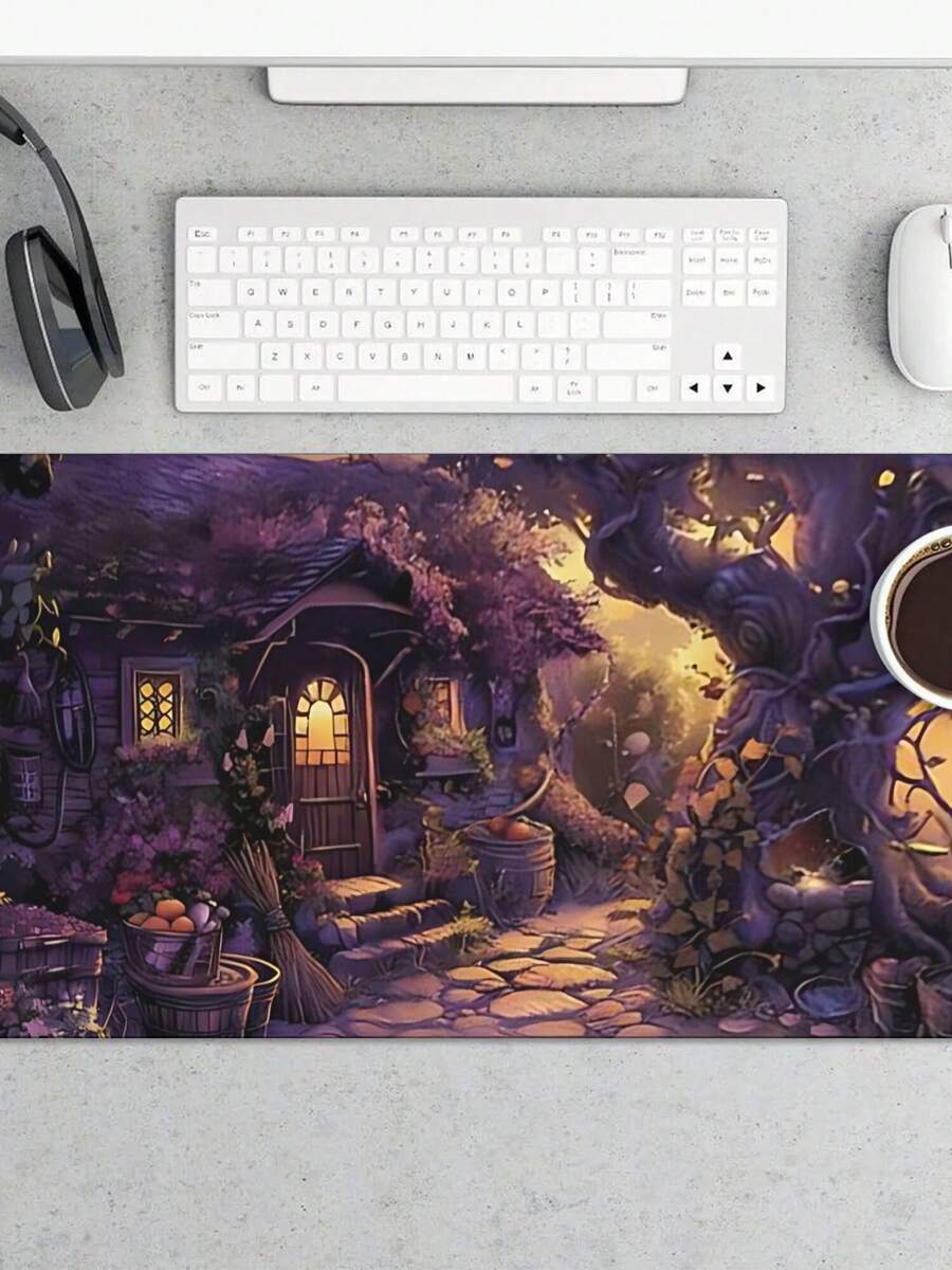 Desk Setup Gaming And Work - แผ่นรองเมาส์สำหรับเล่นเกมขนาดใหญ่พร้อมดีไซน์กระท่อมแฟนตาซี แผ่นรองโต๊ะฐานยางกันลื่นสำหรับสำนักงาน บ้าน และการจัดวางอุปกรณ์ทำงาน