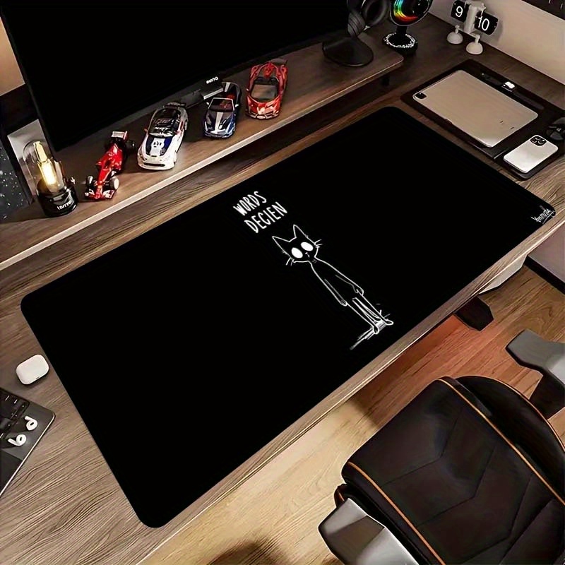 Desk Setup Gaming And Work - แผ่นรองเมาส์เกมมิ่งลายแมวตลกๆ สีดำ ขนาดใหญ่พิเศษ ทนทาน ผลิตจากยางกันลื่น สำหรับใช้ในออฟฟิศ